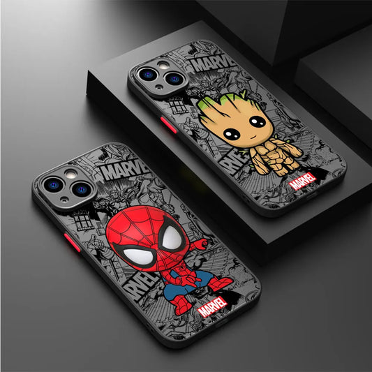 Marvel Groot & Spiderman Shockproof Case for iPhone SE, 12 Mini, 13 Pro Max, 14 Plus, XS, X, 7, 6S, 8, 11, XR, 15 - Armor Cover